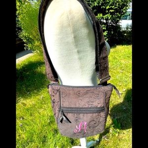 Thirty-One’s Brown Jacquard Cotton Crossbody Bag; Pink “A” Embroidered  on Front